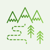 Logo van Vojeto. Pad loopt van onderaan de afbeelding slingerend langs een aantal bomen naar de bergen bovenaan de afbeelding.